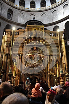 Pilgrims in front of The  Edicule in The Church of the Holy Sepulchre, Christ`s tomb, in the Old City of Jerusalem, Israel